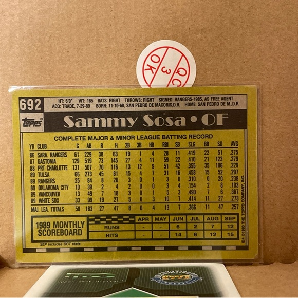 1990 Topps Baseball Card #692 Sammy Sosa Chicago White Sox- w/ DOB ERROR Rookie - Picture 8 of 10